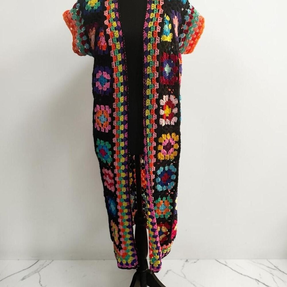 Multicolor Crochet Granny Square Duster Vest Boho Festival Longline Cardigan - Picture 7 of 7